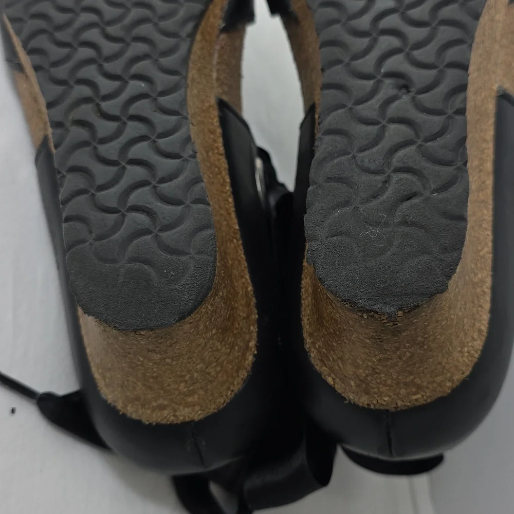 Papillio Birkenstock Black Emmy Leather Ankle Tie Strap Wedge Sandals Size 37‎